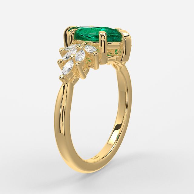 1.00ct Lab Grown Marquise Green Emerald Anastasia Yellow Gold Cluster Engagement Ring