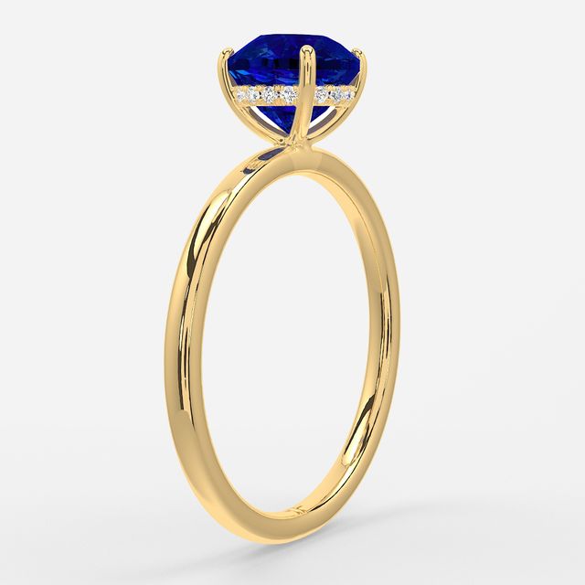 1.00ct Lab Grown Round Blue Sapphire Kate Yellow Gold Hidden Halo Engagement Ring