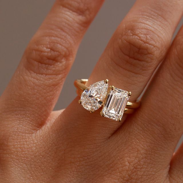 Toi Et Moi Pear And Emerald Lab Diamond Yellow Gold Engagement Ring- 3.5ct