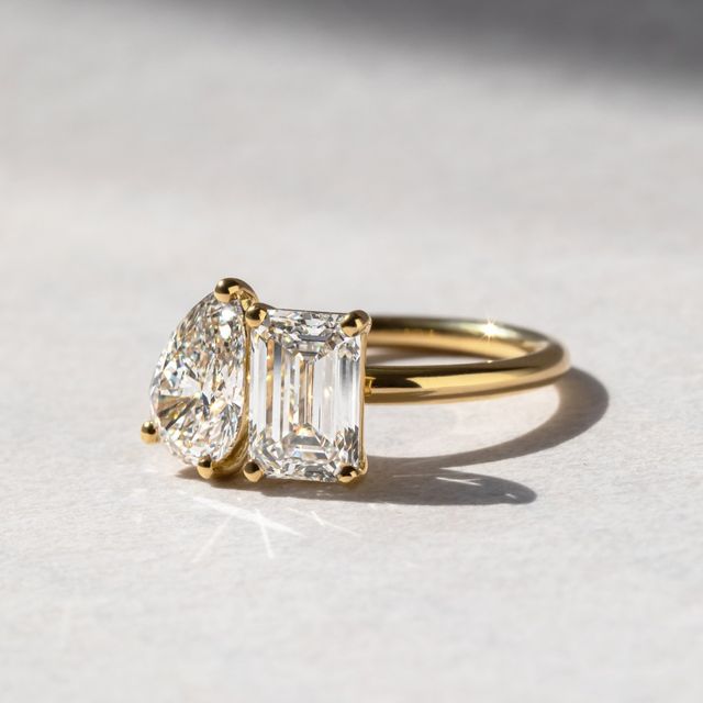 Toi Et Moi Pear And Emerald Lab Diamond Yellow Gold Engagement Ring- 3.5ct