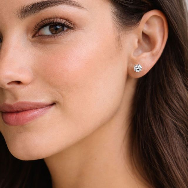 3 Claw Round Diamond Stud Earrings in Rose Gold