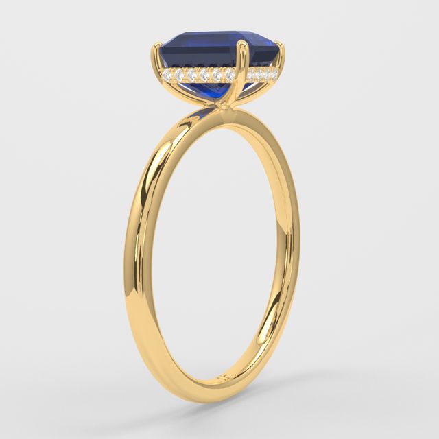 1.00ct Lab Grown Emerald Blue Sapphire Kate Yellow Gold Hidden Halo Engagement Ring