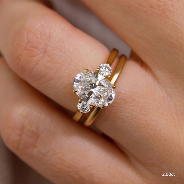 2 Carat Oval Lab Diamond Yellow Gold Trilogy Engagement Ring