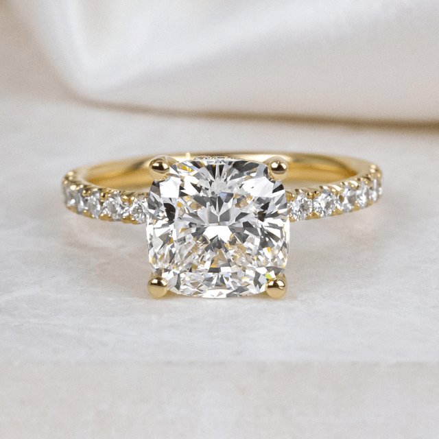 3 Carat Cushion Diamond Hidden Halo Engagement Ring In 18K Yellow Gold - Sadie