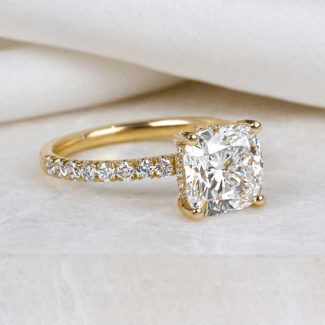 3 Carat Cushion Diamond Hidden Halo Engagement Ring In 18K Yellow Gold - Sadie