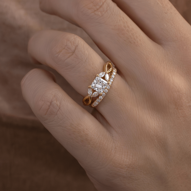 1 Carat Princess Diamond Floral Engagement Ring In 18K Yellow Gold - Vina