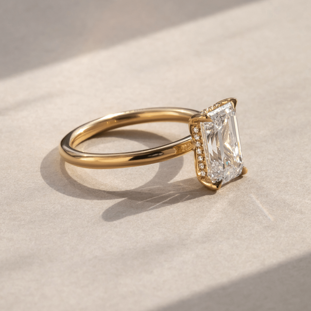 3 Carat Emerald Diamond Hidden Halo Engagement Ring In 18k Yellow Gold - Kate