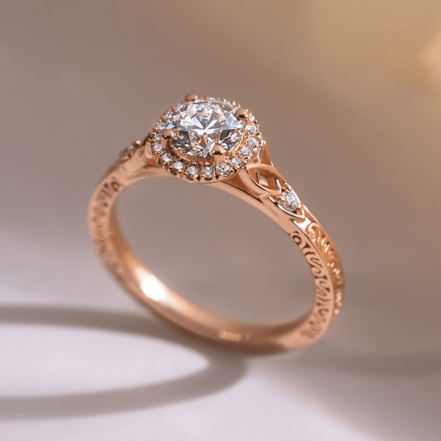 1 Carat Round Diamond Celtic Style Halo Engagement Ring In 18K Rose Gold - Maeve