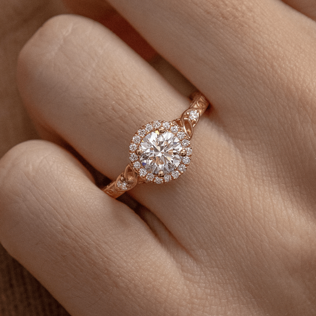 1 Carat Round Diamond Celtic Style Halo Engagement Ring In 18K Rose Gold - Maeve