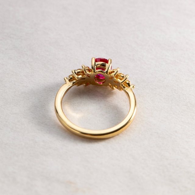 1 Carat Oval Ruby Diamond Trilogy Engagement Ring In Yellow Gold - Anastasia