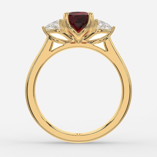 1 Carat Lab Grown Cushion Ruby Trilogy Engagement Ring In Yellow Gold - Ciara