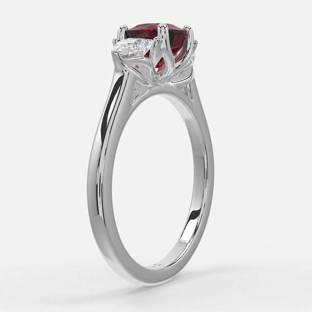 1 Carat Lab Grown Cushion Ruby Trilogy Engagement Ring In White Gold - Ciara
