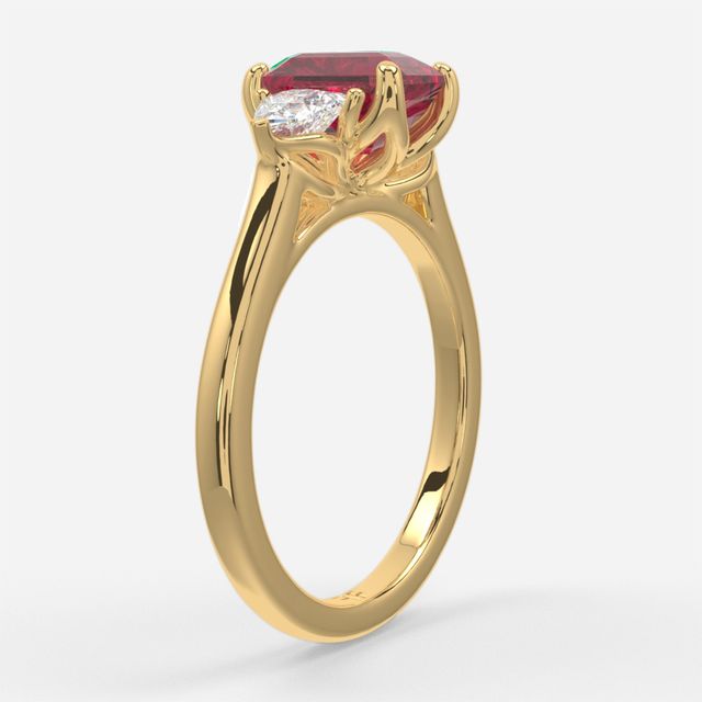 1 Carat Lab Grown Emerald Ruby Trilogy Engagement Ring In Yellow Gold - Ciara