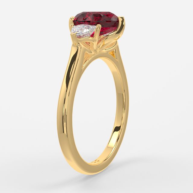 1 Carat Lab Grown Pear Ruby Trilogy Engagement Ring In Yellow Gold - Ciara