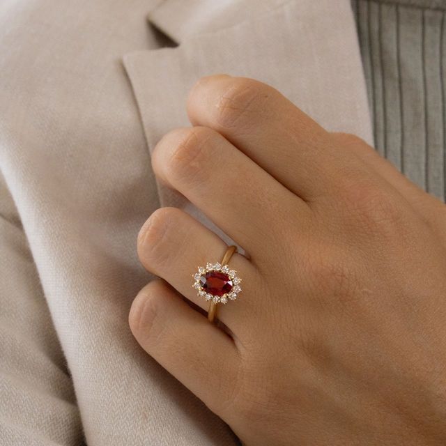 2 Carat Oval Ruby Diamond Cluster Engagement Ring In Yellow Gold - Windermere