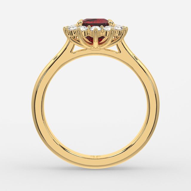 1 Carat Lab Grown Cushion Ruby Cluster Engagement Ring In Yellow Gold - Windermere