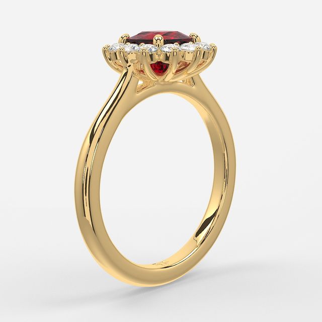 1 Carat Lab Grown Cushion Ruby Cluster Engagement Ring In Yellow Gold - Windermere