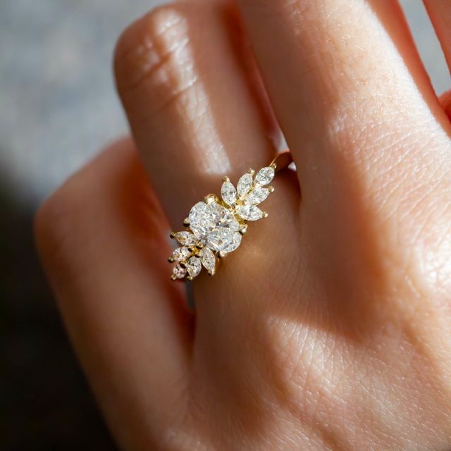 0.50 Carat Oval Diamond Cluster Engagement Ring In 18K Yellow Gold - Anastasia