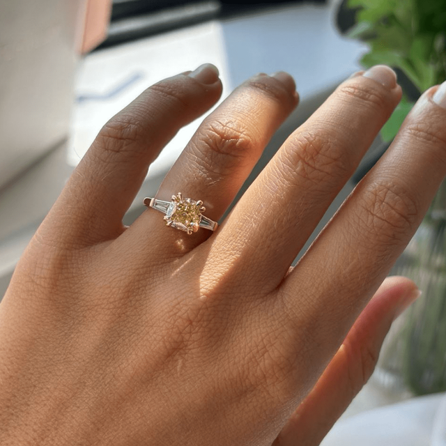 2.70 Carat Modified Cushion Yellow Diamond Trilogy Ring - Kenzo