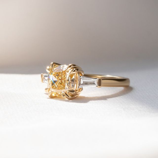 2.70 Carat Modified Cushion Yellow Diamond Trilogy Ring - Kenzo