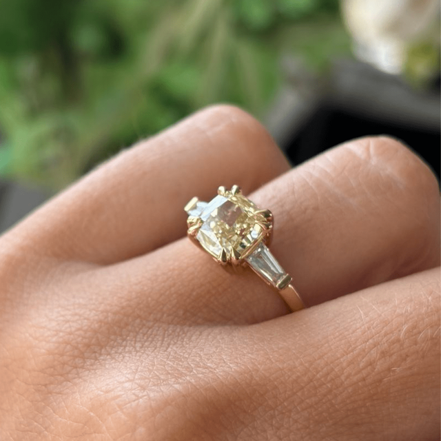 2.70 Carat Modified Cushion Yellow Diamond Trilogy Ring - Kenzo