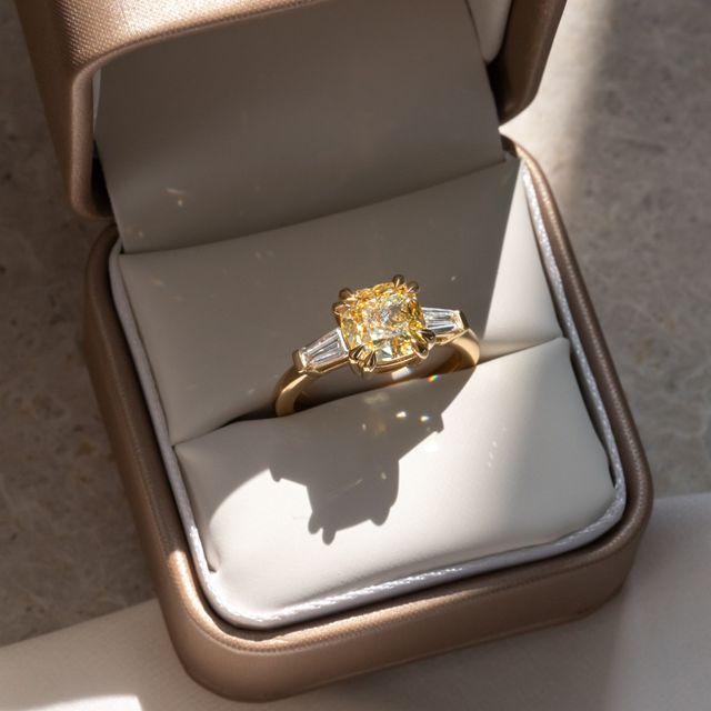 2.70 Carat Modified Cushion Yellow Diamond Trilogy Ring - Kenzo
