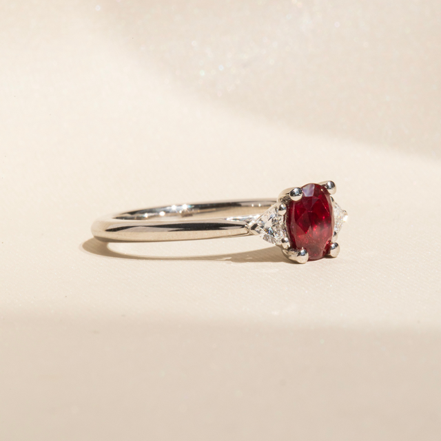 0.65 Carat Oval Ruby Trilogy Engagement Ring In Platinum - Venus