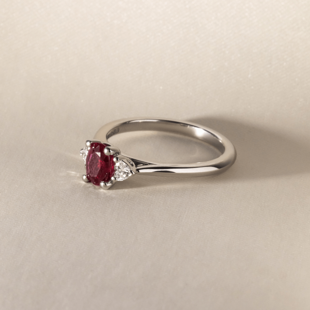 0.65 Carat Oval Ruby Trilogy Engagement Ring In Platinum - Venus