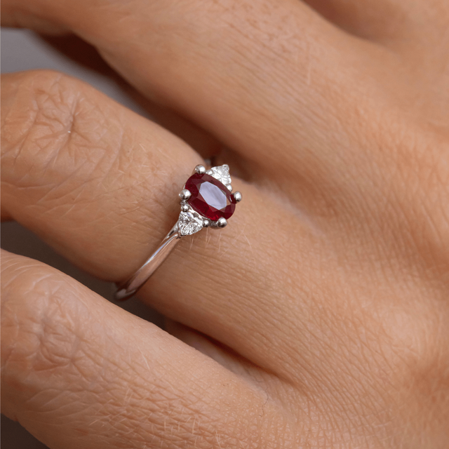 0.65 Carat Oval Ruby Trilogy Engagement Ring In Platinum - Venus