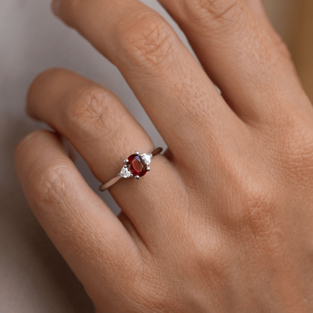 0.65 Carat Oval Ruby Trilogy Engagement Ring In Platinum - Venus