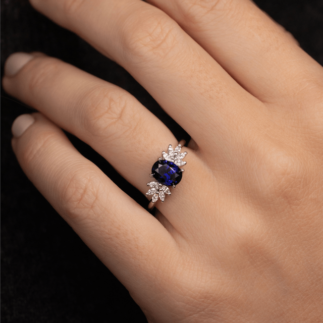 1.24 Carat Lab Grown Oval Sapphire Cluster Engagement Ring In Platinum - Anastasia