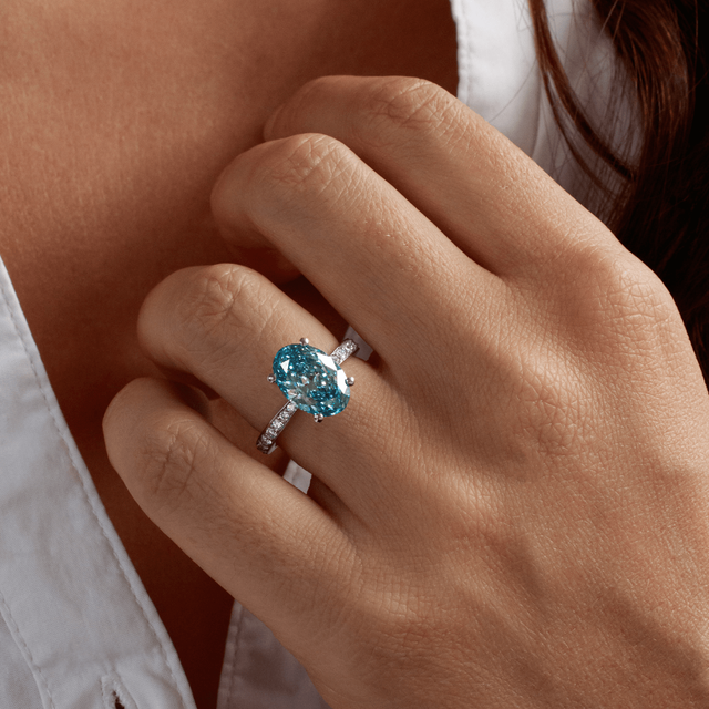 3.50 Carat Oval Blue Diamond Grain Set White Gold Engagement Ring - Hadid