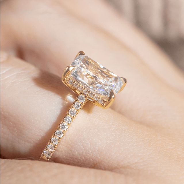 3.50 Carat Radiant Hidden Halo Diamond Band Yellow Gold Engagement Ring - Aisha
