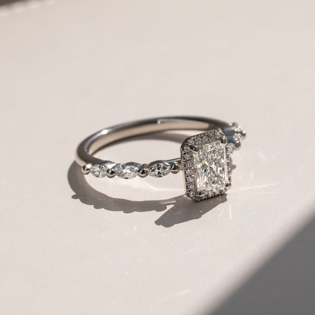1.20 Carat Radiant Diamond Band Halo Platinum Engagement Ring - Zia
