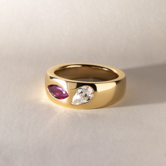 Moi et Toi Marquise Ruby and Pear Diamond Yellow Gold Ring
