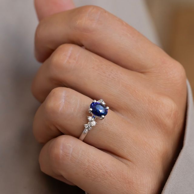 2.01 Carat Oval Blue Sapphire Cluster Ring In Platinum - Morning Star