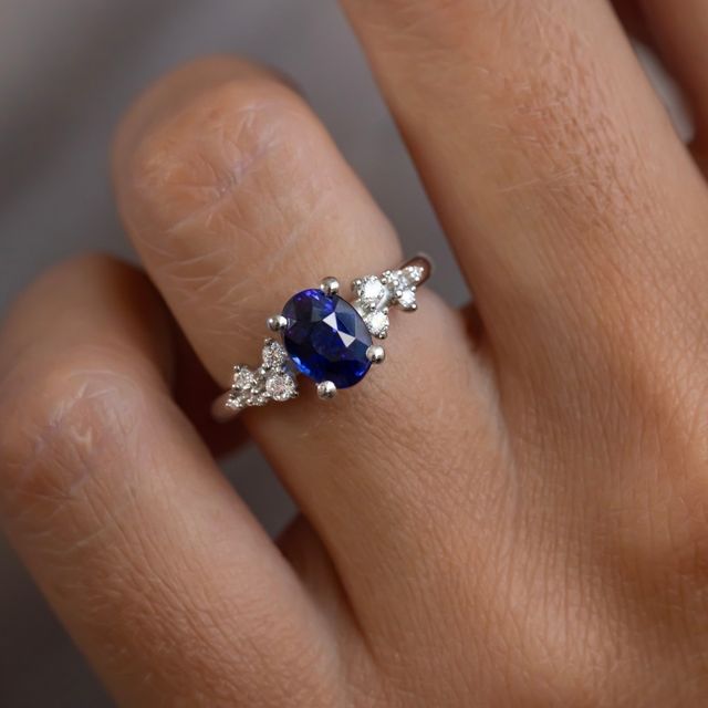 2.01 Carat Oval Blue Sapphire Cluster Ring In Platinum - Morning Star
