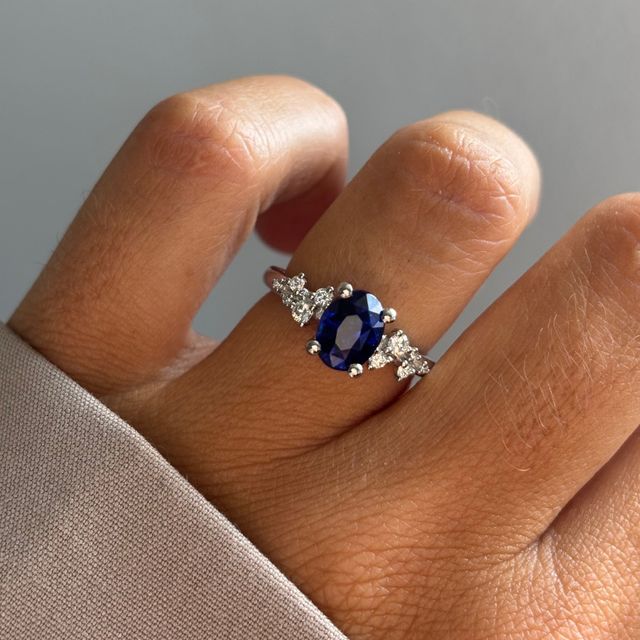 2.01 Carat Oval Blue Sapphire Cluster Ring In Platinum - Morning Star