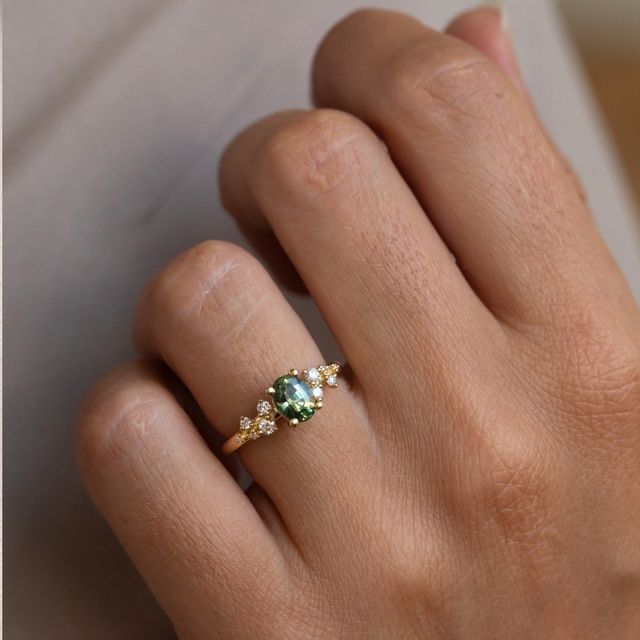 1.13 Carat Oval Teal Sapphire Cluster Engagement Ring In Yellow Gold - Morning Star