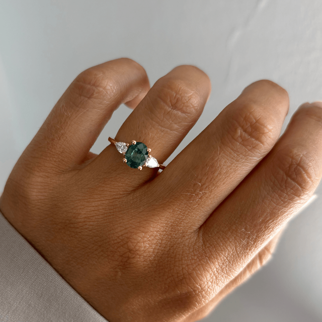 1.70 Carat Oval Natural Teal Sapphire Trilogy Ring In Yellow Gold -Vivian
