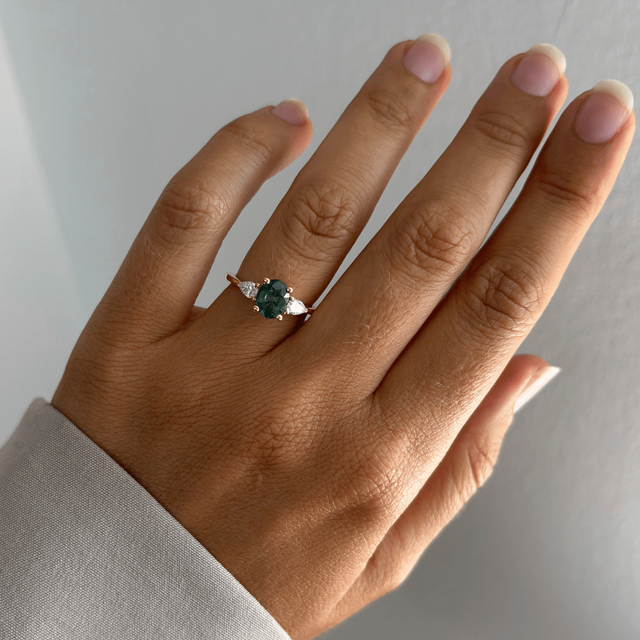 1.70 Carat Oval Natural Teal Sapphire Trilogy Ring In Yellow Gold -Vivian