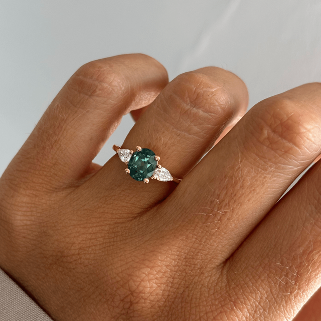 1.70 Carat Oval Natural Teal Sapphire Trilogy Ring In Yellow Gold -Vivian