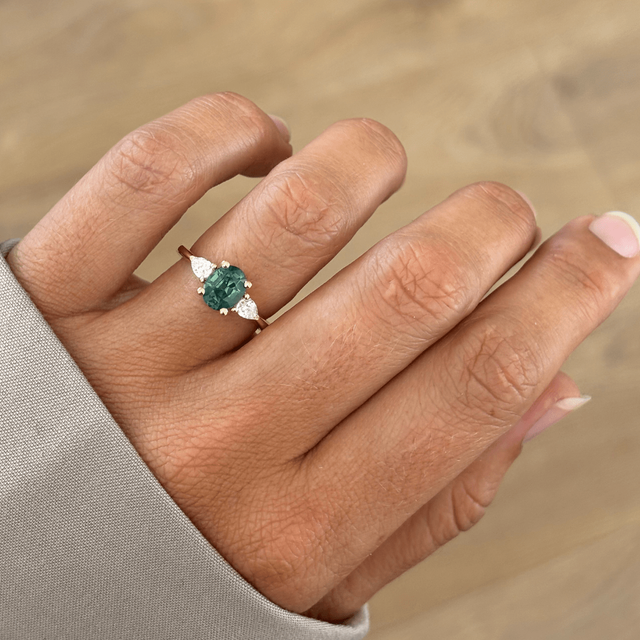 1.70 Carat Oval Natural Teal Sapphire Trilogy Ring In Yellow Gold -Vivian