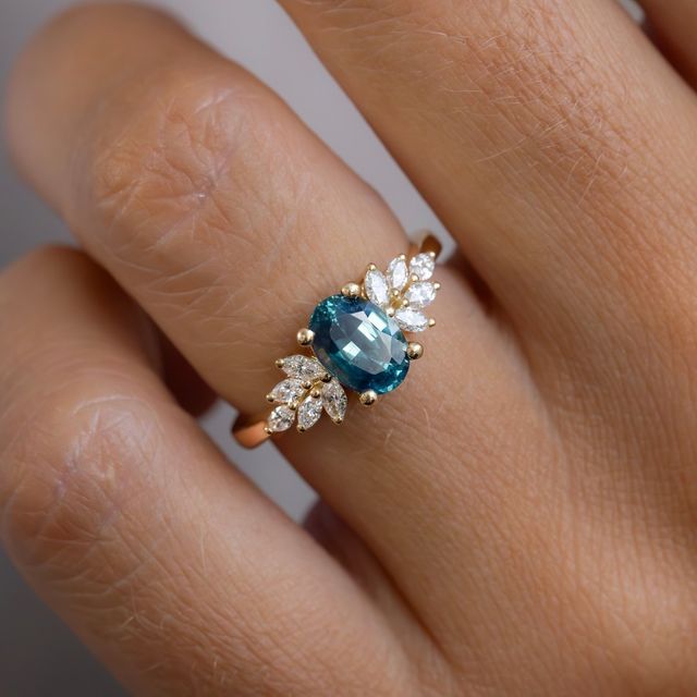 1.60 Carat Oval Natural Teal Sapphire Cluster Ring In Yellow Gold - Anastasia