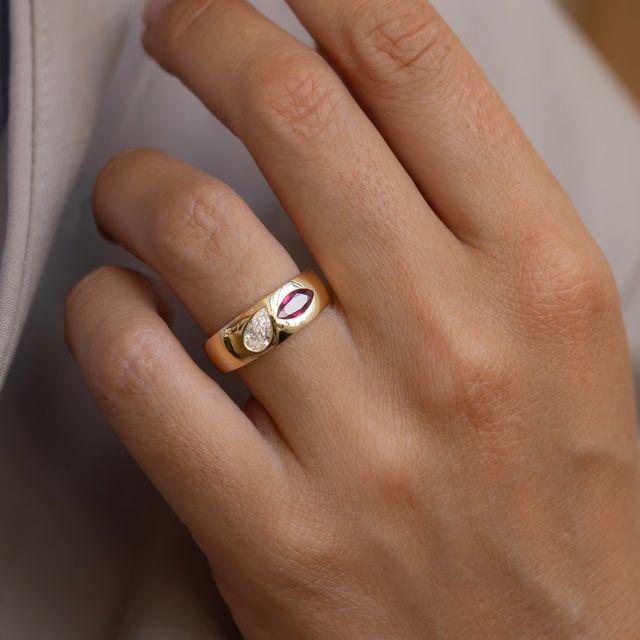 Moi et Toi Marquise Ruby and Pear Diamond Yellow Gold Ring