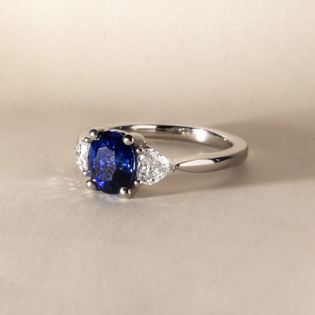 2.30 Carat Oval Blue Sapphire Trilogy Engagement Ring In Platinum - Venus Bespoke