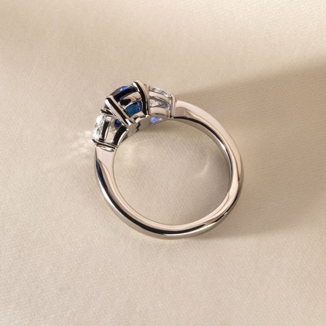 2.30 Carat Oval Blue Sapphire Trilogy Engagement Ring In Platinum - Venus Bespoke