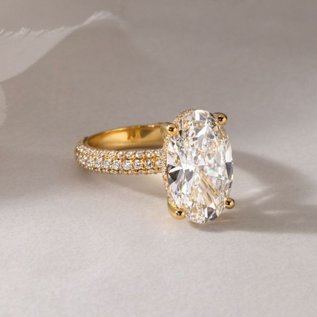 7.00 Carat Oval Hidden Halo Diamond Band Yellow Gold Engagement Ring - Ishq