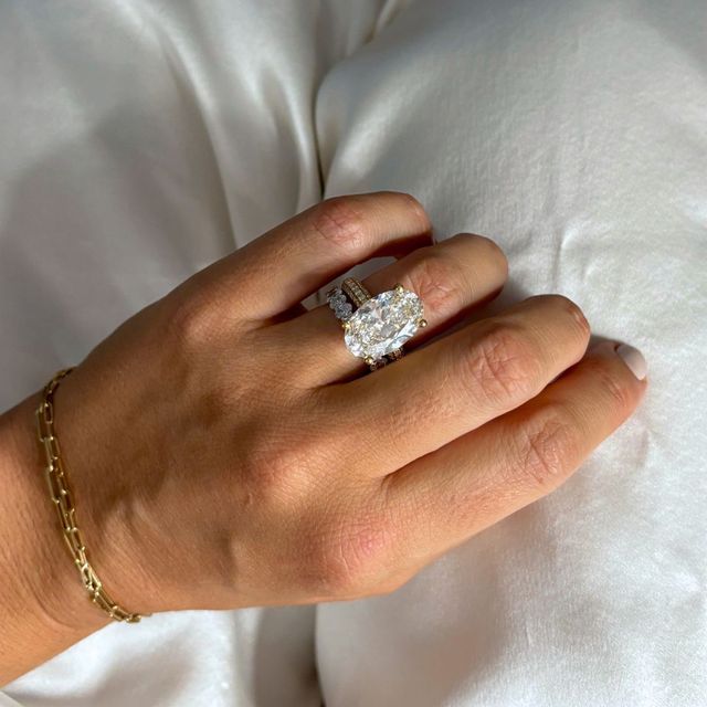 7.00 Carat Oval Hidden Halo Diamond Band Yellow Gold Engagement Ring - Ishq