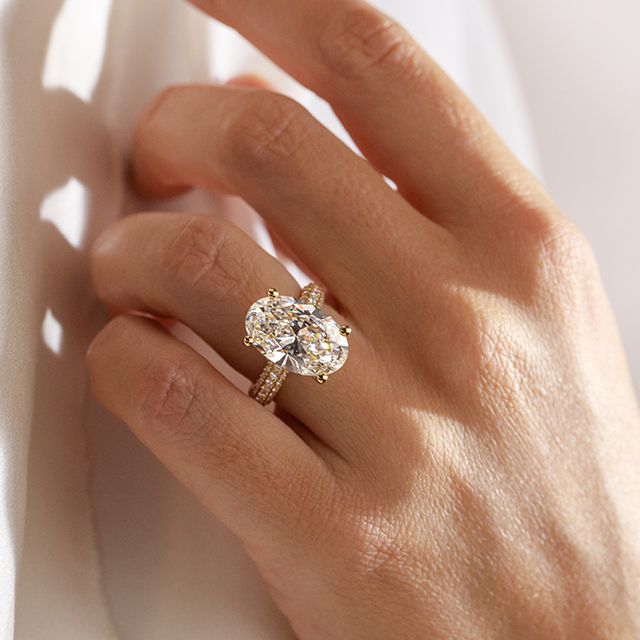 7.00 Carat Oval Hidden Halo Diamond Band Yellow Gold Engagement Ring - Ishq